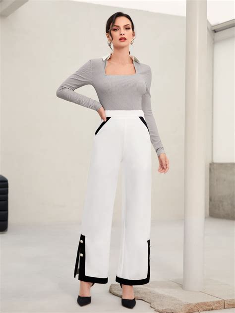 Shein Modely Pantalones De Pierna Ancha Panel En Contraste Con Dise O