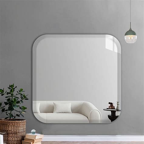 Silver Wall Mounted Frameless Curve Edge Square Bevelled Mirror For