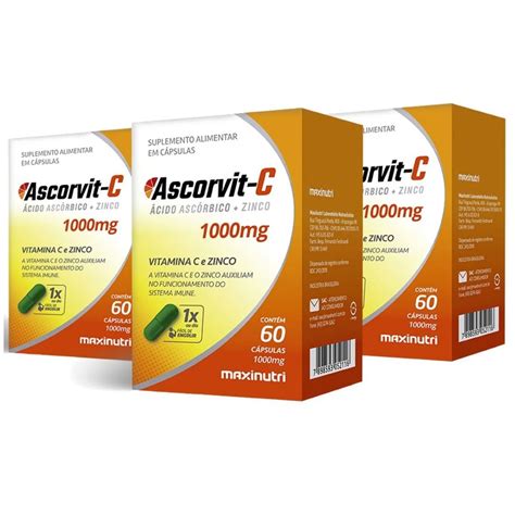 Kit 3 Ascorvit C 1000mg 60 Cápsulas Maxinutri Corpo Suplemento