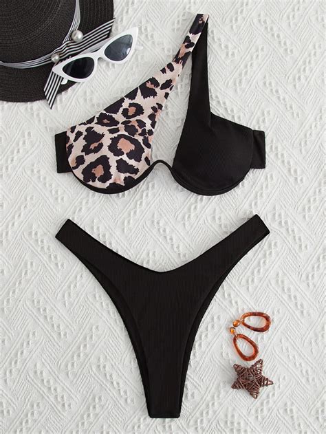 Shein Swim Vcay Leopard Ribbed Bikini Set Cut Out Underwire One