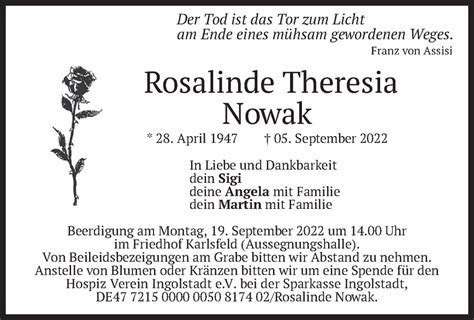 Traueranzeigen Von Rosalinde Theresia Nowak Trauer Merkur De