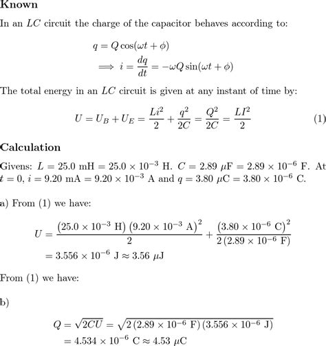 In An Oscillating Lc Circuit L Mh And C F A Quizlet