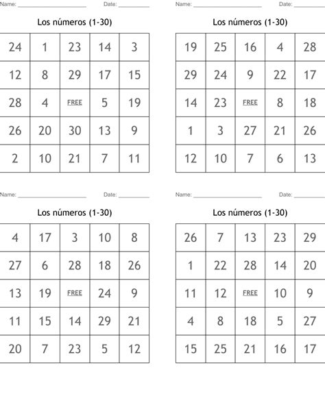 Los números 1 30 Bingo Cards WordMint