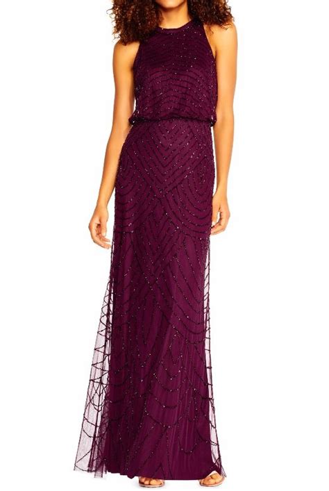 Adrianna Papell Art Deco Beaded Halter Top Gown Cassis Purple Poshare