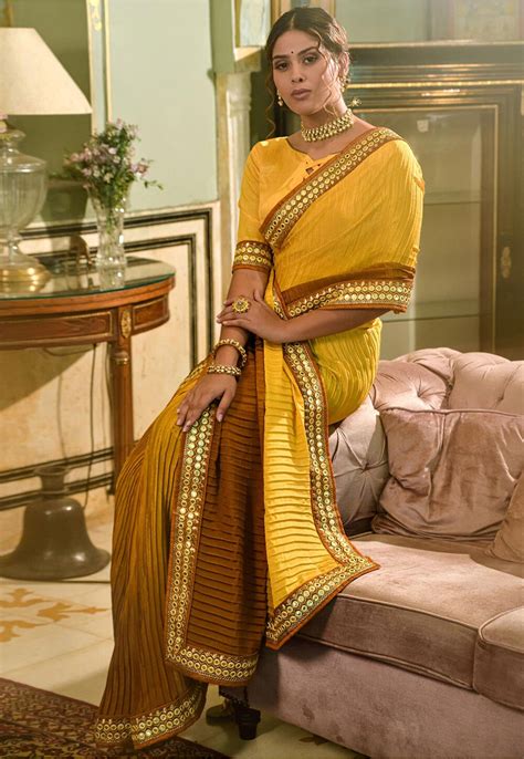 Buy Accordion Pleated Polyester Saree In Shaded Mustard And Brown