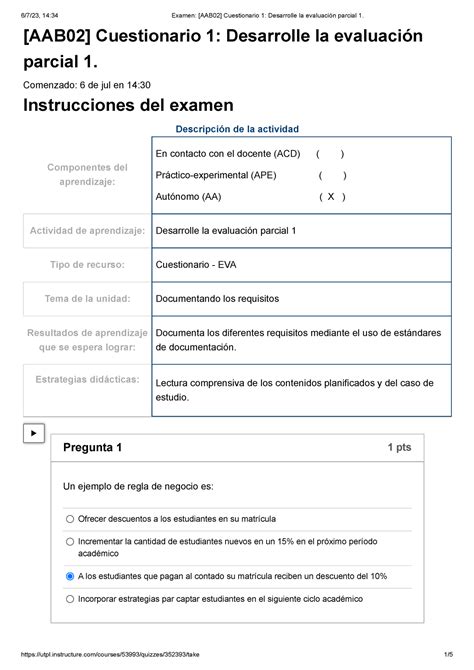 Examen Aab Cuestionario Desarrolle La Evaluaci N Parcial