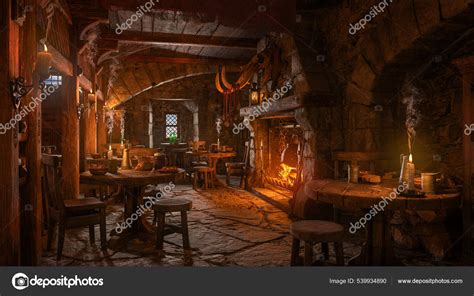 Dark Moody Medieval Tavern Inn Interior Food Drink Tables Burning ...