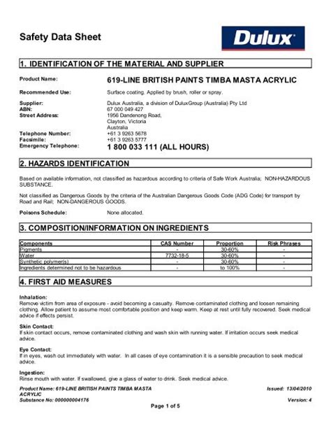 British Paints Timba Masta Acrylic Material Safety Data Sheets