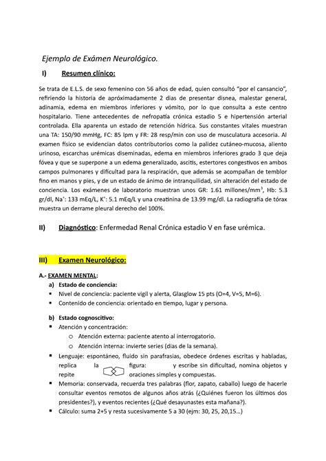 Ejemplo Exámen neurológico Ejemplo de Exámen Neurológico I