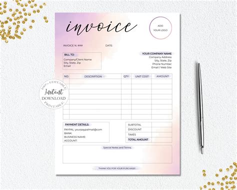 SunRayArt Designs Printable Invoice Editable Business Templates