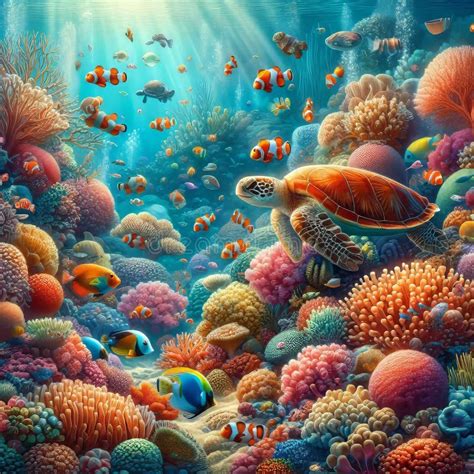 An Underwater Scene Teeming With Colorful Coral Busy Clownfish And A