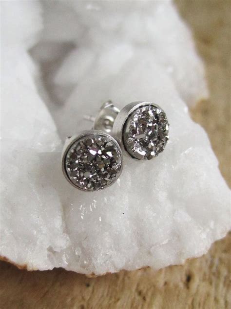 Tiny Silver Druzy Earrings Titanium Drusy Quartz Studs Etsy Silver