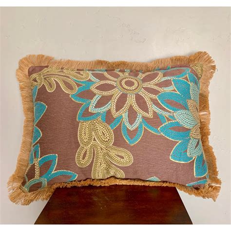 Large Rectangular Brown And Turquoise Floral Pillow With Jute Fringe Chairish