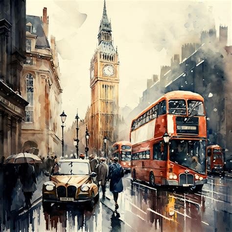 Premium Photo A Watercolor Painting Of A Double Decker Bus In London