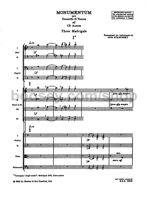 Igor Stravinsky Monumentum 3 Madrigals Hawkes Pocket Score HPS 725