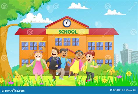 Group Of Elementary School Kids Leaving School Stock Vector