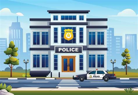 Police Station Building With Patrol Car On Cityscape Background Vector