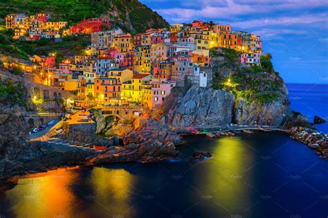 Manarola village and harbor at night | High-Quality Architecture Stock ...