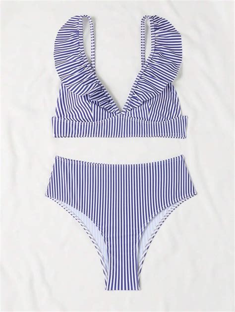 SHEIN Swim Conjunto De Bikini A Rayas Para Mujer Con Decoración De