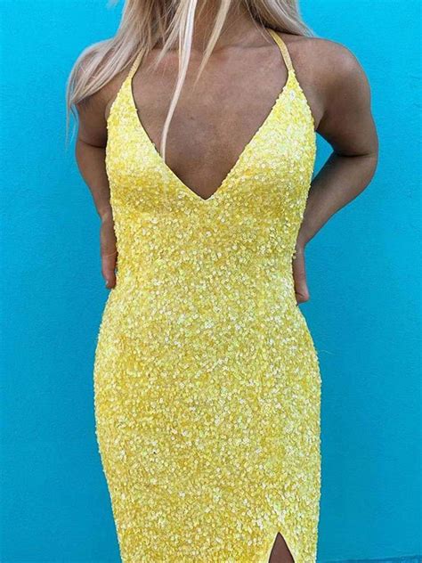 V Neck Backless Yellow Prom Dresses Open Back V Neck Yellow Formal Gr