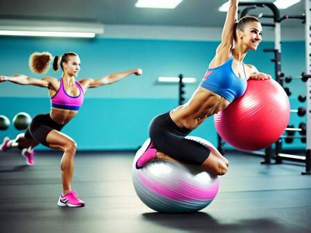 Two Women Doing Exercises On Exercise Balls In A Gym Image Design ID