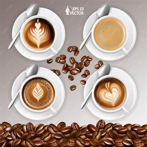 Premium Vector Realistic Vector Coffee Set Latte Art Coffee Beans