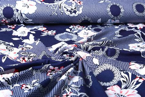 Viscose Jersey Lacquar Bunga Flower Navy Red Boelens Modestoffen