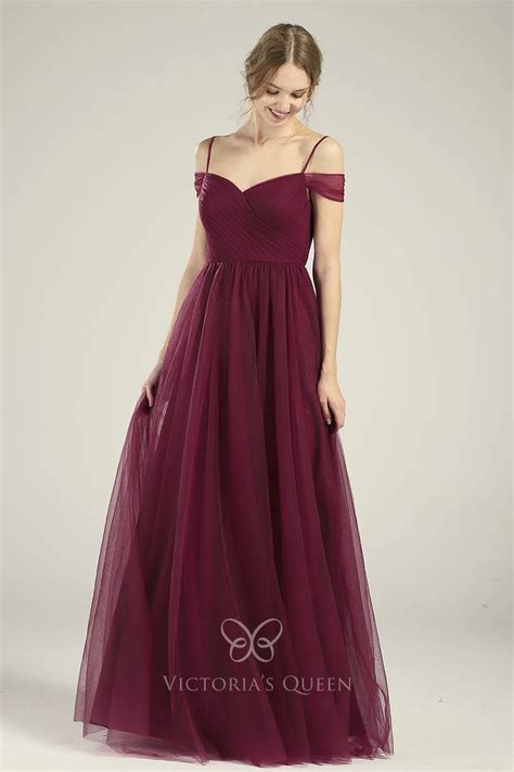 Off Shoulder Cold Shoulder Wine Tulle A Line Bridesmaid Gown Vq