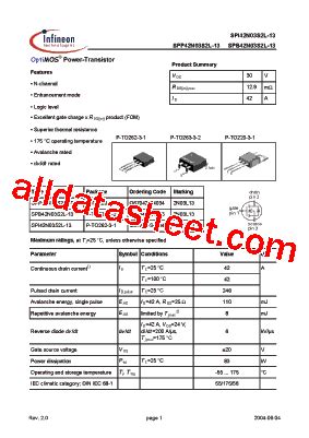 SPP42N03S2L 13 Datasheet PDF Infineon Technologies AG