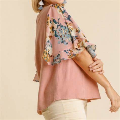 Umgee Tops Umgee Floral Rose Mix Print Ruffle Short Sleeve Linen