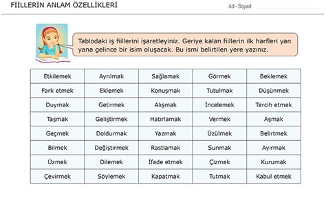 7 Sınıf Fiillerin Anlam Özellikleri İş Oluş Durum Fiilleri