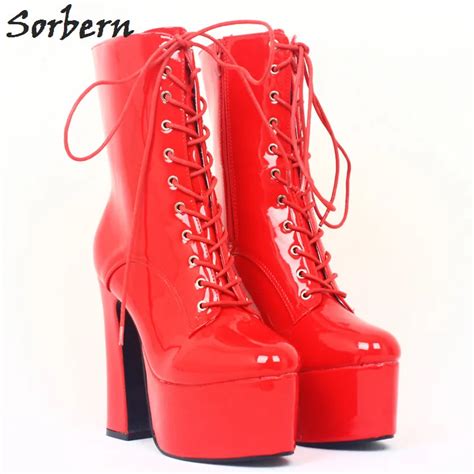 Sorbern Red Ankle Boots Chunky High Heels Ladies Boots Block Heel ...