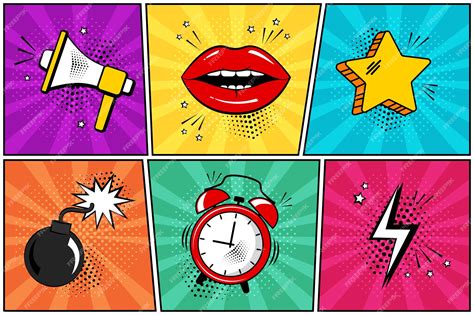 Premium Vector | Comic pop art style megaphone lips star bomb alarm ...