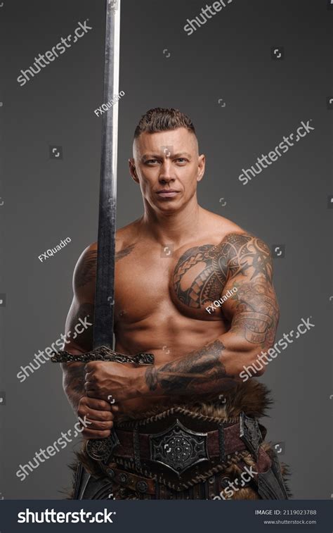 Muscular Warrior Naked Torso Holding Sword Stock Photo 2119023788 Shutterstock