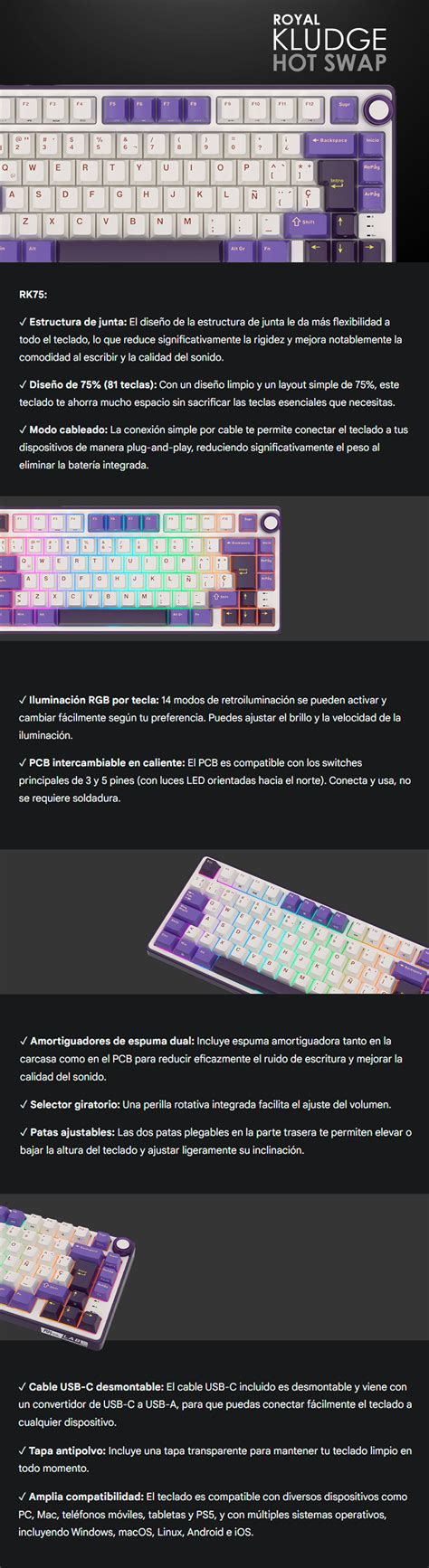 Teclado Mec Nico Royal Kludge R Al Mbrico Silver Switch Wired Mode Hot Swap