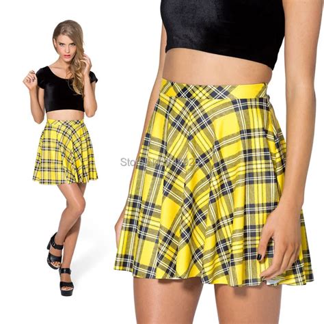 2014 Casual Skirts Womens Yellow Tartan Yellow Skater Skirt High Waist