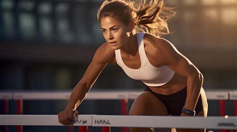 Premium AI Image | Female athlete running hurdles on a track