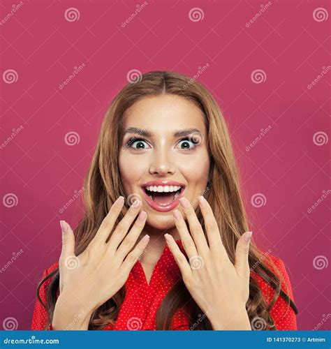 Happy Surprised Girl Portrait Beautiful Young Excited Woman On