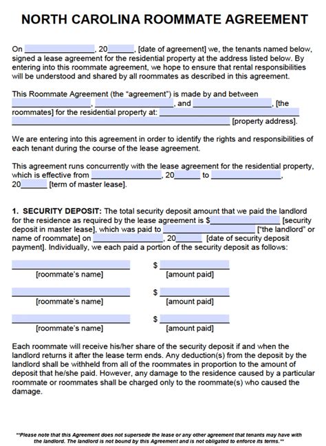 Free North Carolina Roommate Agreement Template Pdf Word