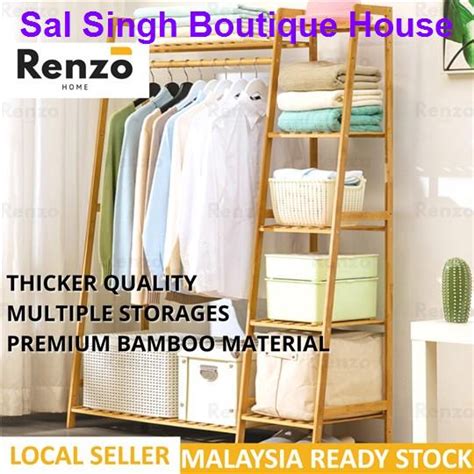 RENZO HOME Bamboo Wooden Clothes Open Wardrobe Rack Cabinet Hanger