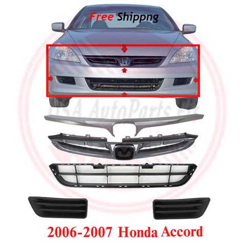 For 2006 2007 Honda Accord Front Bumper Upper Lower Grille Fog Bezels