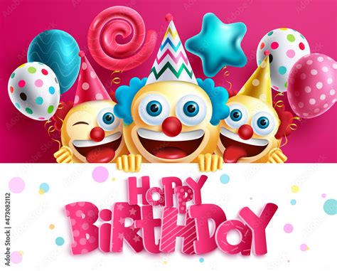 Vektorová grafika „Birthday smiley clown vector design. Happy birthday text with emoji ...