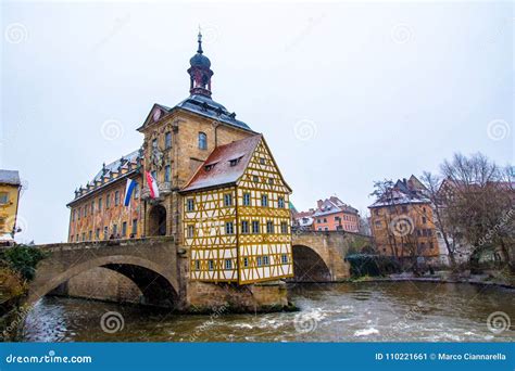 Old Town Hall in Bamberg while it Snows, Germany Stock Image - Image of blue, unesco: 110221661