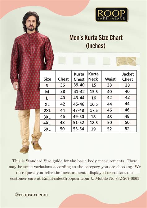 Mens Kurta Size Chart Roop Sari Palace