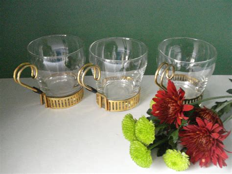 Sale Vintage Glass Coffee Cups With Metal Holders Set Of 3 Etsy