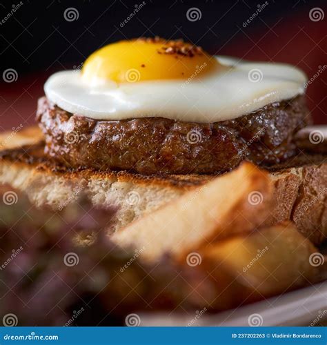 Scrambled Eggs With Steak Classic English Breakfast With Egg And