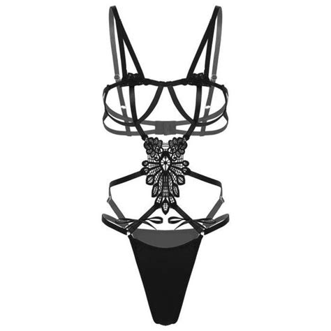 YONGHS FR Femme Sexy Lingerie Ouverte Sein Nu Bandage Body String Dentelle Babydoll S XXL Noir