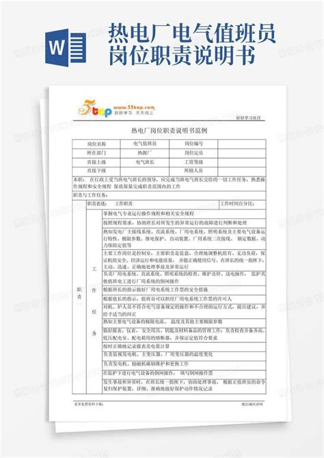 热电厂电气值班员岗位职责说明书word模板下载编号lywmonkw熊猫办公