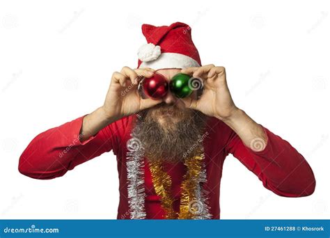 Lustiger Weihnachtsmann Mit Weihnachtskugeln Stockfoto Bild Von