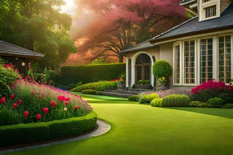 a beautiful garden with a lawn and flowers. AI-Generated 32302060 Stock ...